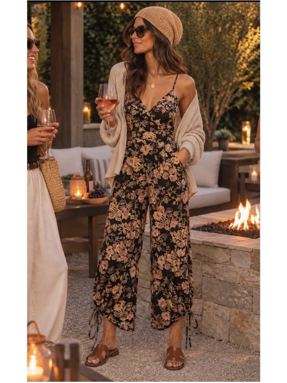 NWT Free People Floral Black Wide-Leg Jumpsuit with Spaghetti Straps